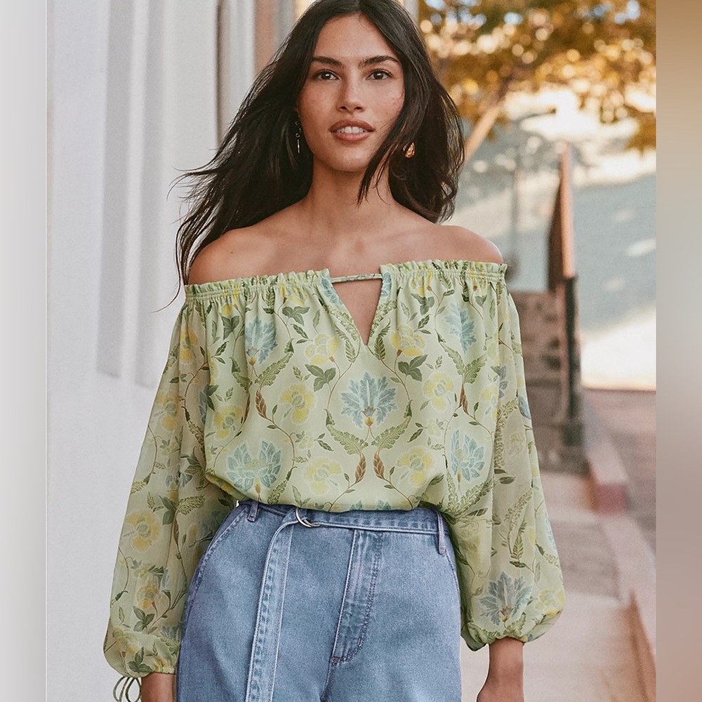 Loft Floral Tie Cuff Off The Shoulder Blouse